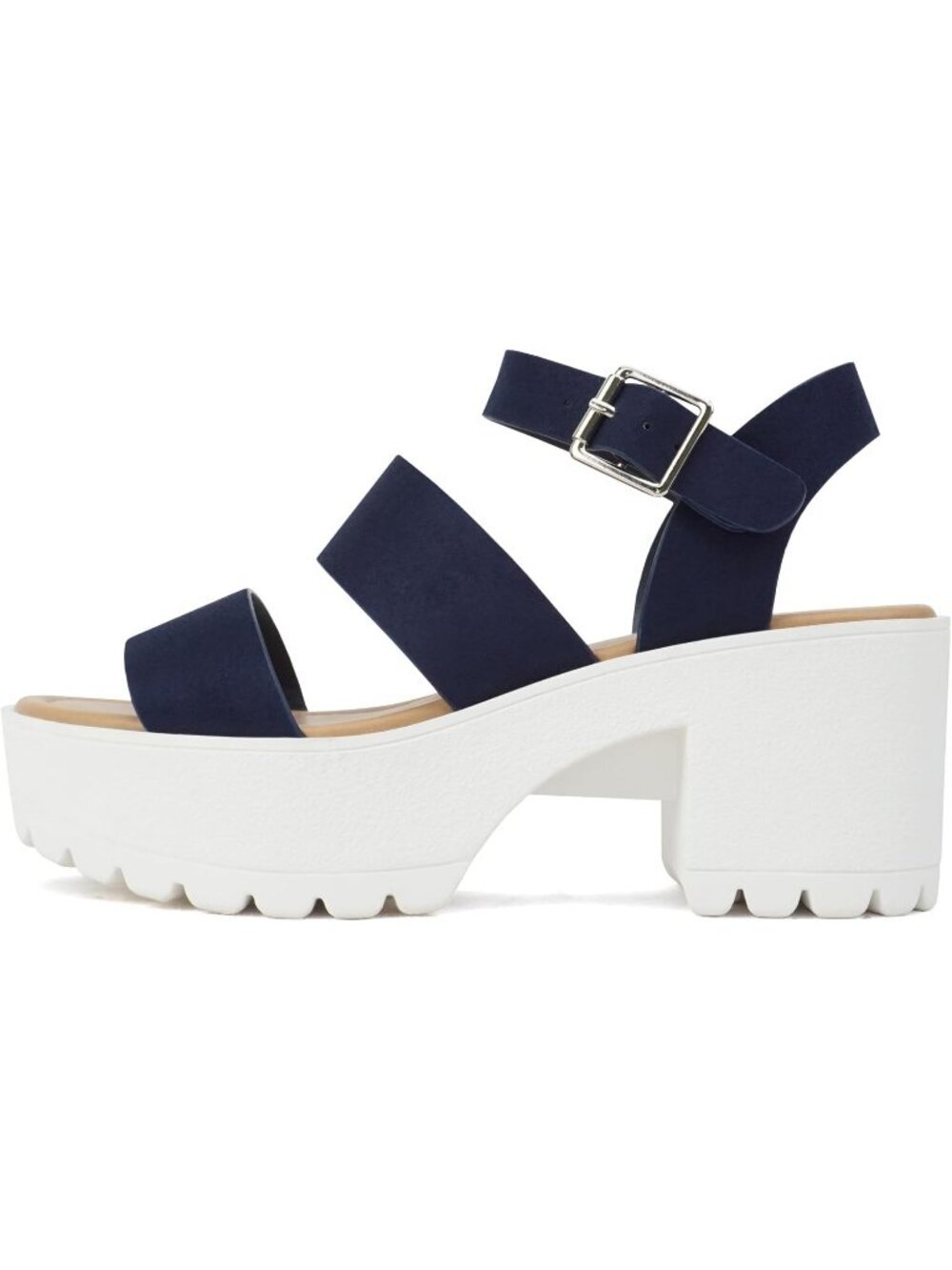 Women's Navy Blue Two Bands Lug Sole Open Toe Adjustable Block Heel Sandal Shoes